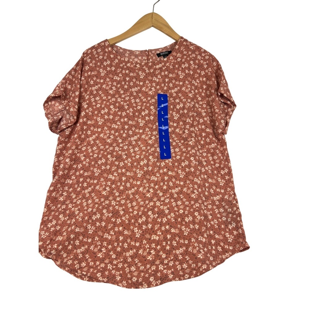 Buffalo David Bitton Womens Floral Blouse Terracotta Pink Short Sleeve Large‎